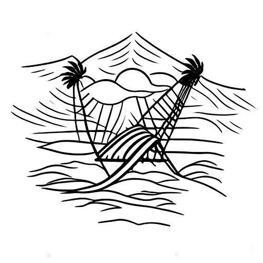 A Tranquil Beach Scene With Palm Trees And A Hammock At Sunset