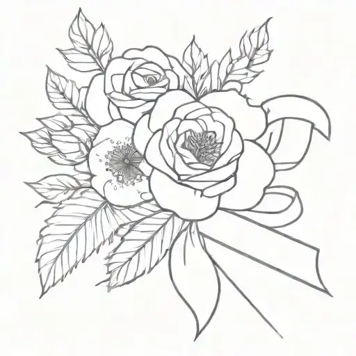 Simple Fine Line Single Violet And Rose Flower Bouquet Tied Together With A Ribbon