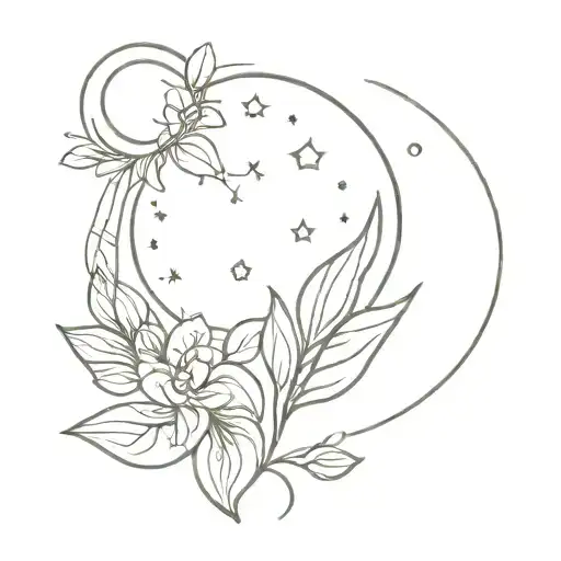 Moon Fine Line Tattoo With Sun Some Leaf And Floral