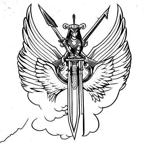 Valkyrie Sword With Wings Line Art