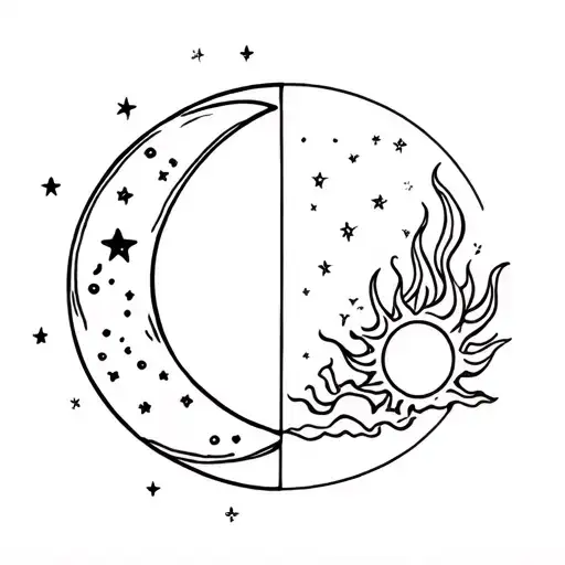 Tattoo Divided Into Two One Side Of The Moon And Stars On The Other Side The Sun And Fire
