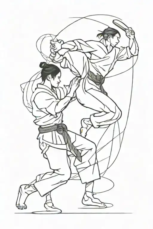 An Abstract Representation Of Martial Arts Movements Intertwined With Anime Characters