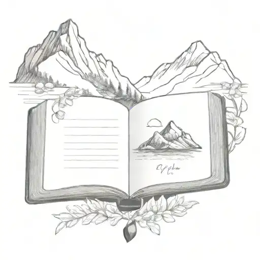 A Minimalist Tattoo Of An Open Book With A Mountain Landscape On Top And Flowers Draping Below