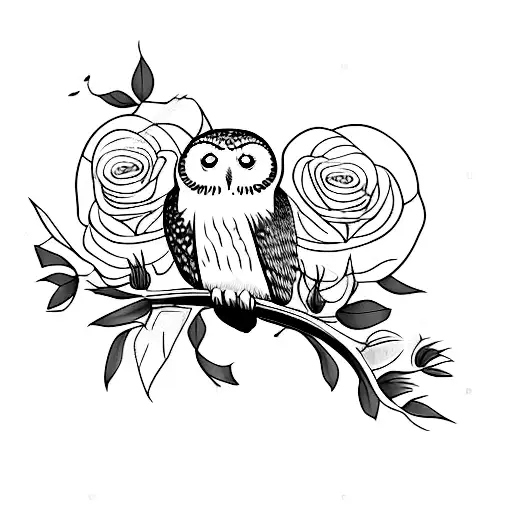 Snowy Owl On Branch With Roses