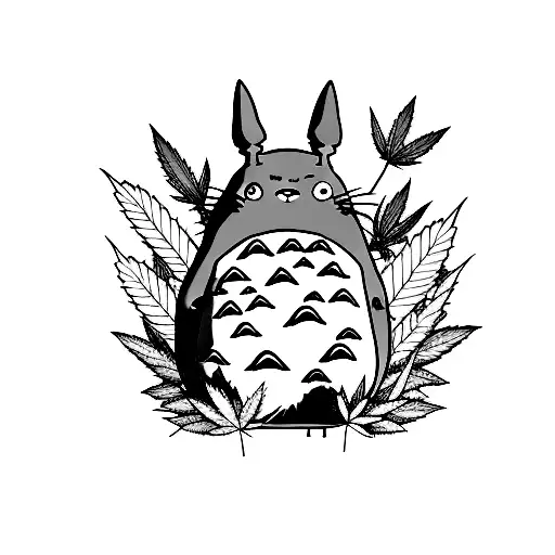 A Minimalist Tattoo Of Totoro Sitting On A Marijuana Leaf In A Nature Setting