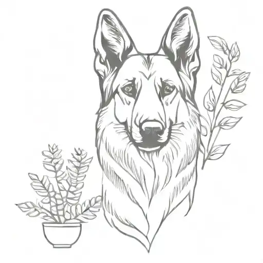 Female German Shepherd With Plants Growing