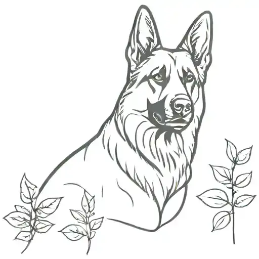 A Minimalist Tattoo Of A German Shepherd With Plant Leaves