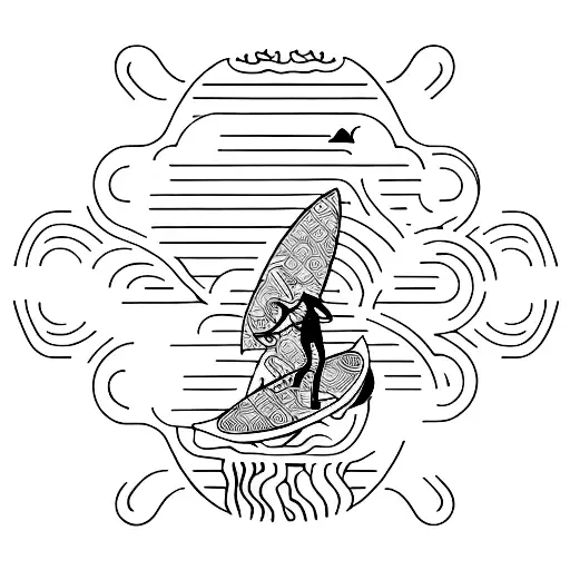 A New-school Tattoo Of A Surfboard With Technology-themed Patterns And A Dog Riding The Waves