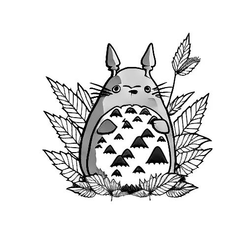 A Minimalist Tattoo Of Totoro Sitting On A Marijuana Leaf In A Nature Setting