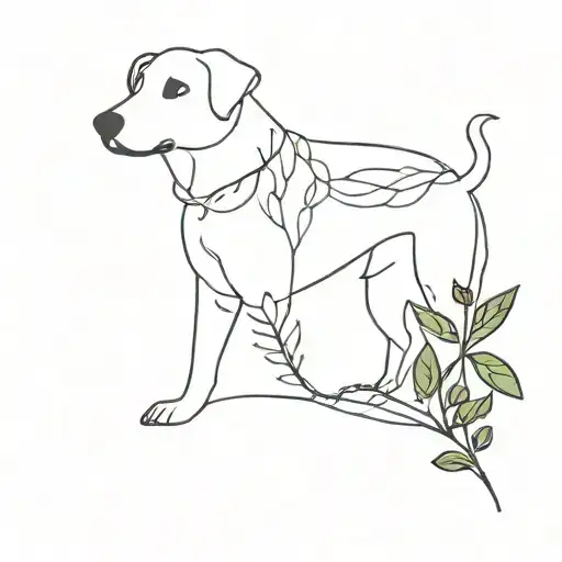 A Minimalist Tattoo Of A Dog And A Plant Intertwined In A Unique Design