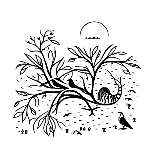 Design Of A Tree Branch With Animals And Vegetation