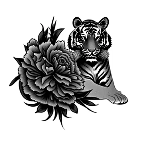 A Tiger And Carnation Flowers