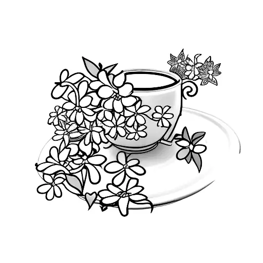 Spilled Coffee Mug With Jasmine Flowers And Jasmine Flower Coming Out Of Mug