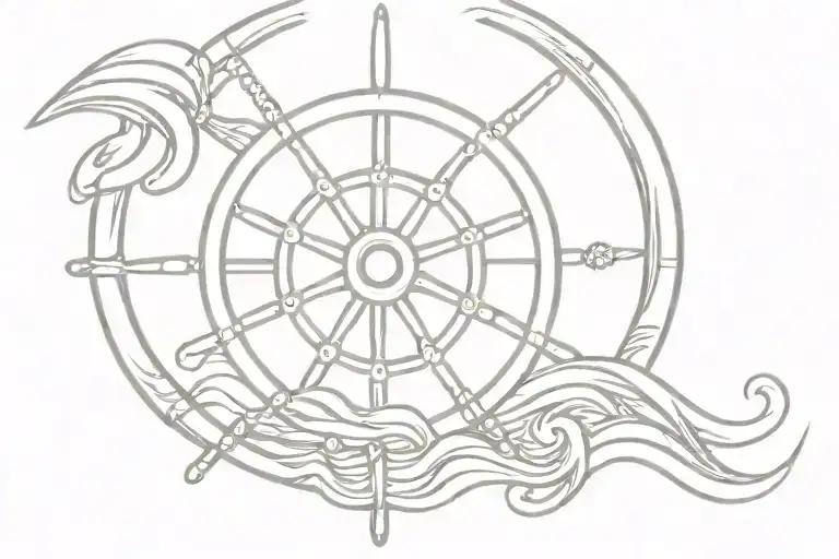Ship's Wheel With Waves In The Background