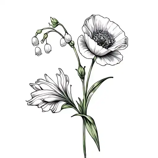 Lily Of The Valley Flower With A Violet Flower And A Poppy And A Marigold In Black And White