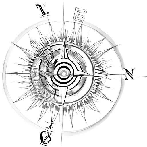 A Minimalist Tattoo Of A Silver Fern Leaf Intertwined With A Compass Rose