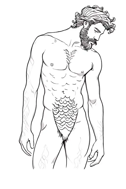 Merman Body Hair With Beard Line Work Traditional