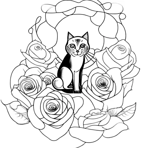 A Tattoo Of A Black Cat Sitting On A Bed Of Roses With A Full Moon In The Background