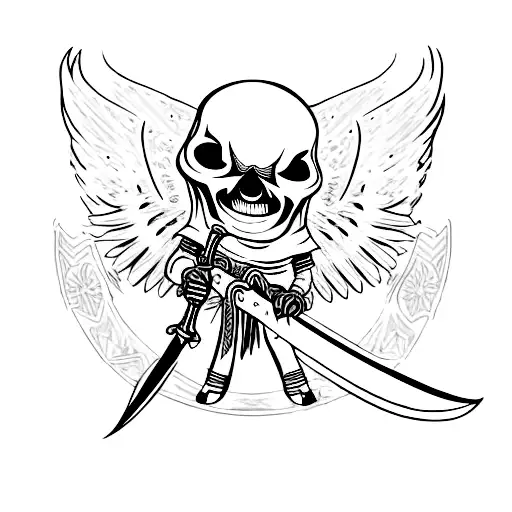 Skull With Small Devil Horns With A Sword Through It Being Held By A Angel