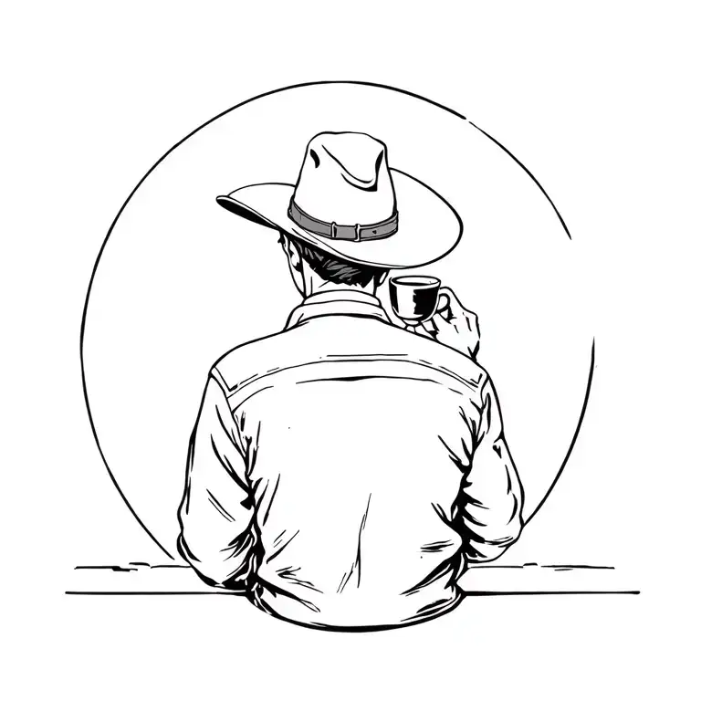 The Back Of A Cowboy Sat Drinking Coffee Looking Out Into The Distance