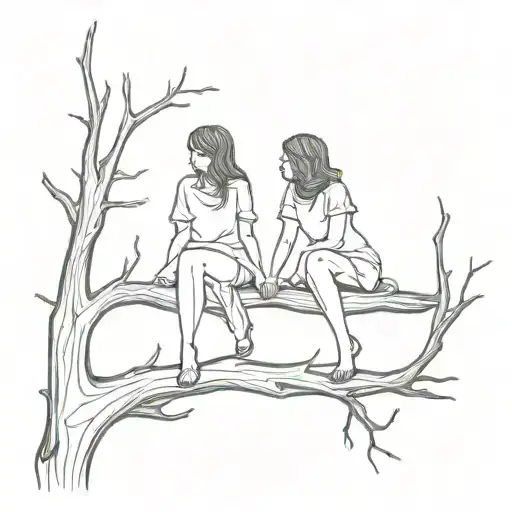 Silhouettes Of Two Girls Sitting In A Dead Tree