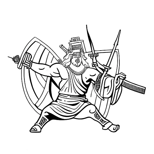 Greek God Ares Holding A Sword With A Caption About War In Greek Letters
