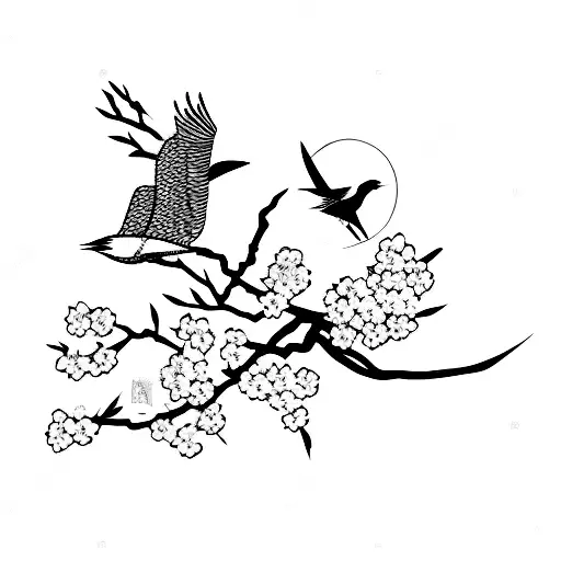 Japanese Traditional Female Warrior With Cherry Blossom Tree And Crane Bird