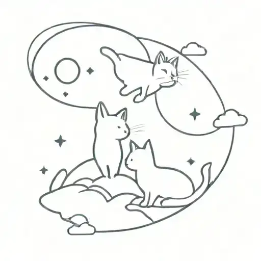 Two Cats Flying In Space Surrounded My Mountain Range