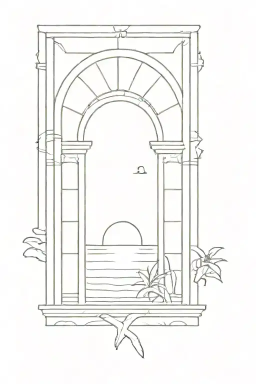 Arch Window With Beach And Sun Setting