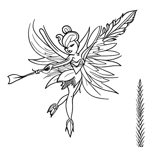 A Minimalist Tattoo Of Tinker Bell Holding A Purple Feather Quill