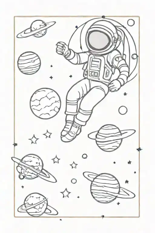 Simple Small Astronaut Floating With 3 Small Planets And Stars Orbiting Above It In The Background