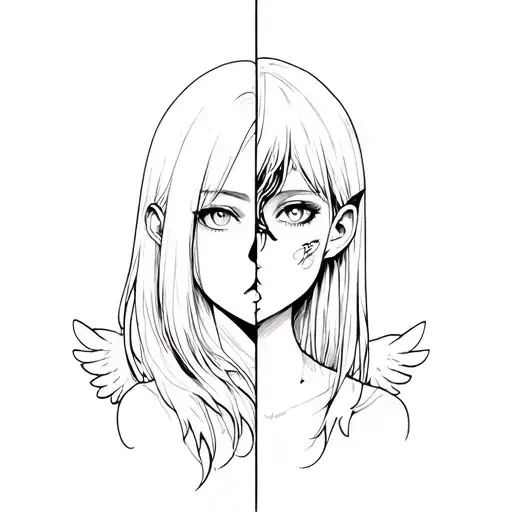 Anime Girl Split Face Design Angel And Demon Side