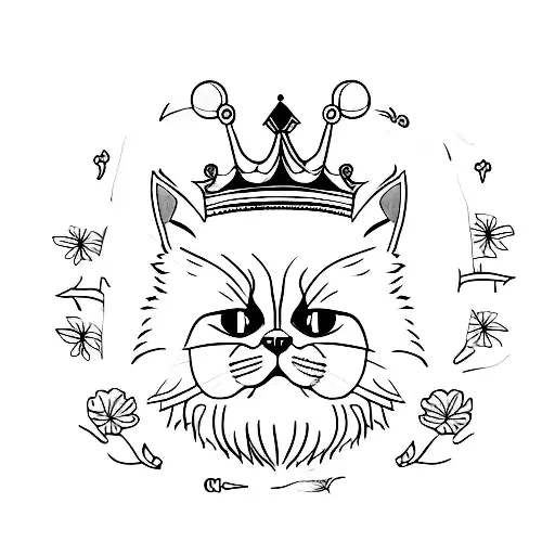 A Minimalist Tattoo Of A King Persian Cat Wearing A Crown
