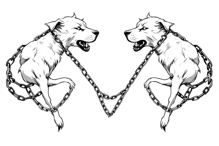 Sin-headed Aggressive Cerberus Looking In Different Directions In Chains