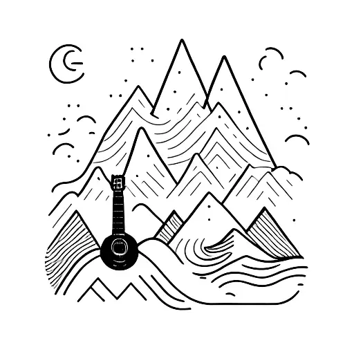 A Minimalist Tattoo Of The Mountains Of Bariloche With A Ukelele And Guitar In The Foreground