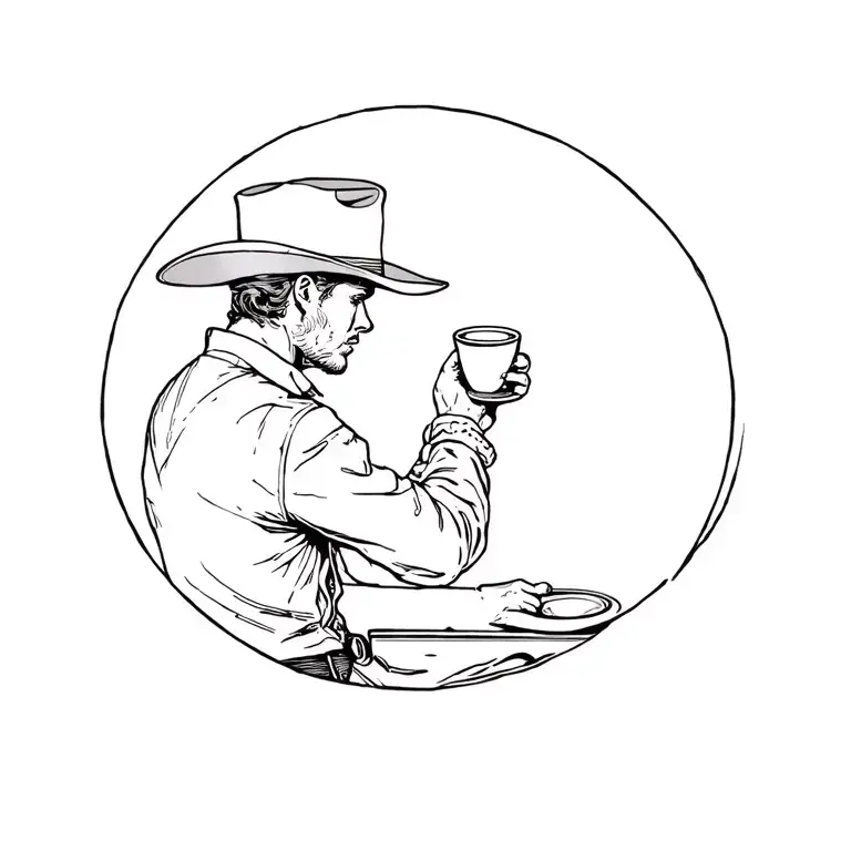 The Bakc Of A Cowboy Sat Drinking Coffee Looking Out Into The Distance
