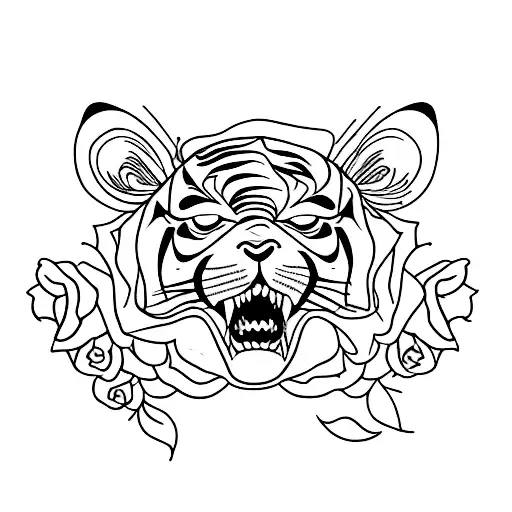 Tiger With Roses And Buliding