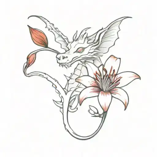 A Wingless Dragon Holds A Red Lily In Its Paw