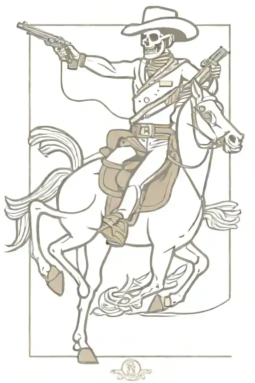 Skeleton Cowboy Riding Rocking Horse Holding Moonshine And Shooting Revolver