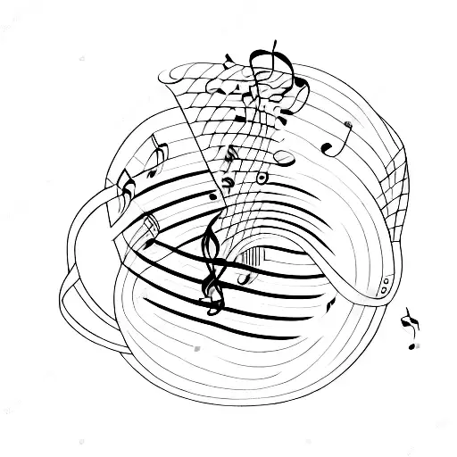 A Detailed Blackwork Tattoo Of A Music Sheet With Overthinking Symbols Incorporated