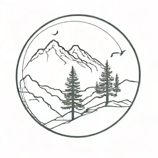 Mountain Range Silhoutte With Single Pine Tree Growing