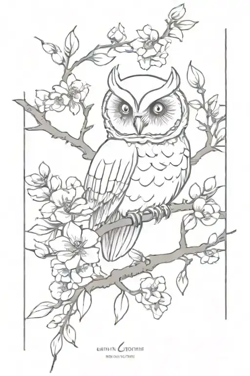 Cherru Blossom Branch With Minimalist Owl