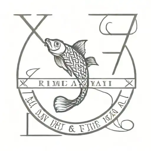 Roman Numeral Date With Fish On Both Sides Curling Around It