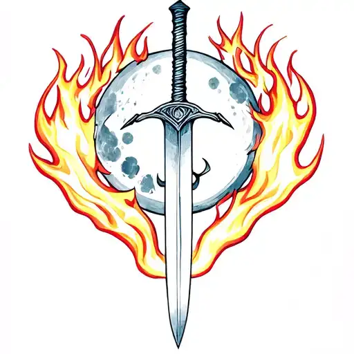 Broken Sword In Fire Flames With Moon On The Index Finger