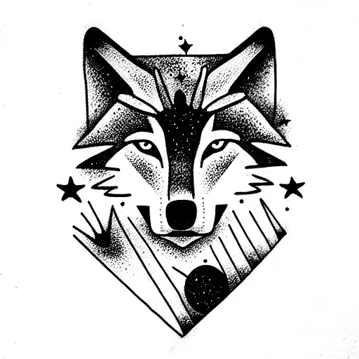 Wolf Sitting With Moon And Stars