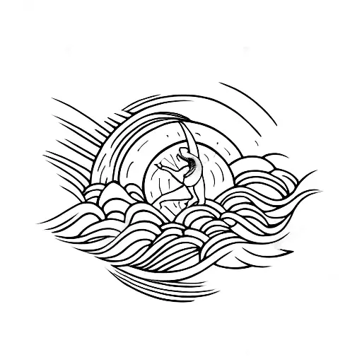 A Minimalist Tattoo Of A Surfer Riding A Wave With The Sun Setting In The Background