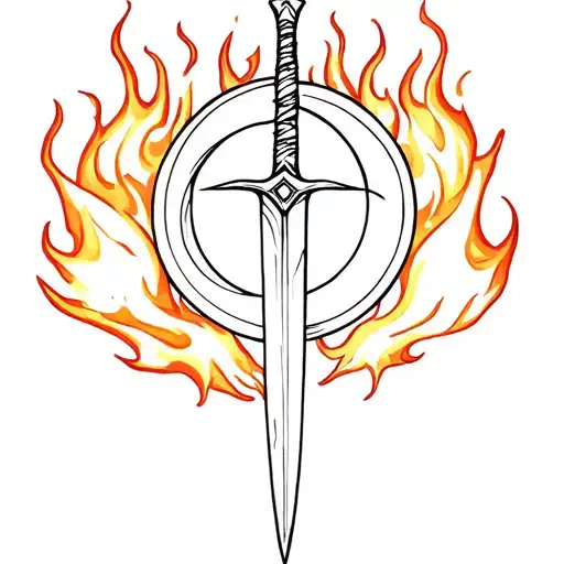 Broken Sword In Fire Flames With Half Moon On The Index Finger