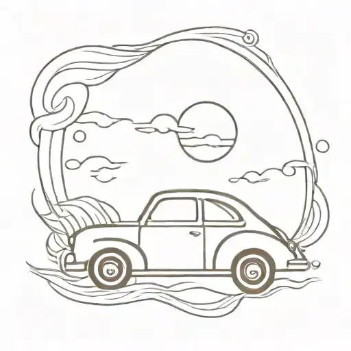 Love Heart With A Wave And Sun And A Small Car Driving