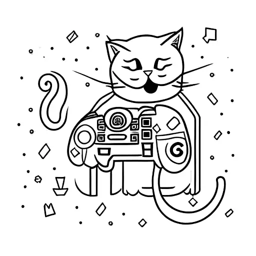 Create A Minimalist Tattoo Featuring A Cat Playing A Video Game