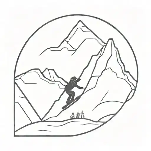 A Minimalist Design Of A Snow-covered Mountain Range With A Lone Snowboarder Carving Down The Slopes